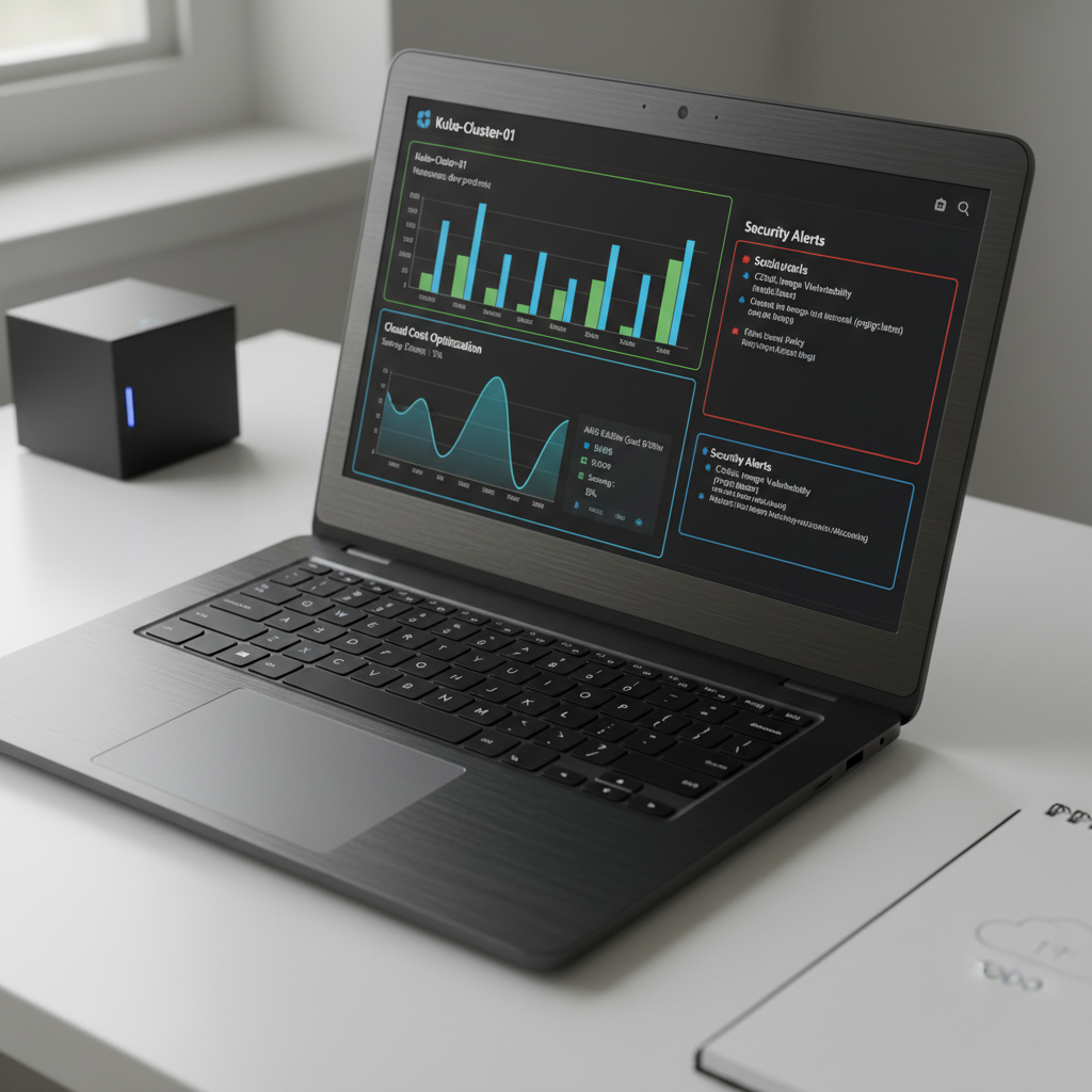 A tightly framed view of a dark, brushed-metal laptop lid partially open on a clean white desk, revealing a high-resolution screen filled with a Kubernetes dashboard, cost graphs, and security alerts in distinct panels. The interface uses cool blues and greens with precise, sharp typography. Soft afternoon light enters from an unseen window, creating a subtle gradient across the desk and gentle reflections on the laptop’s metallic edges. A small, matte-black cube server and a minimalist notepad lie nearby, blurred. Shot from a slightly elevated angle with photographic realism, the mood is focused and analytical, capturing the intersection of platform engineering, FinOps, and DevSecOps.