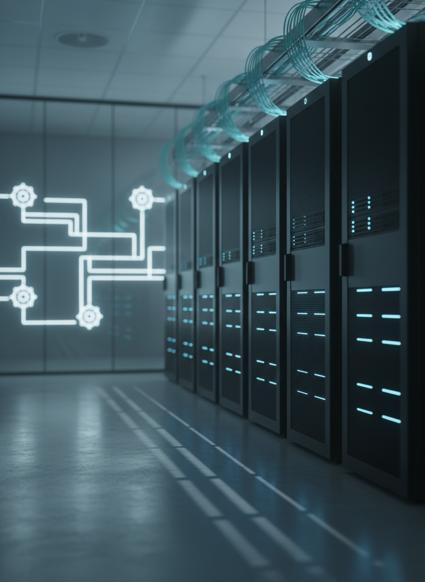A sleek cluster of matte black server racks with subtle blue LED indicators, arranged in a precise row inside a modern data center. Fiber optic cables in neatly organized trays glow faintly with cyan light, suggesting high-throughput connectivity. Cool, diffused overhead lighting reflects softly on brushed metal surfaces, casting gentle linear shadows along the polished concrete floor. In the background, network diagrams and Kubernetes icons appear faintly on a glass wall, slightly out of focus. Captured at eye level with a shallow depth of field, photographic realism, and a clean, minimalist aesthetic that conveys reliability, control, and the essence of platform engineering infrastructure.